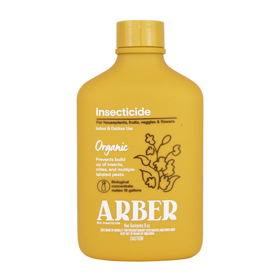Yellow Arber insecticide bottle with front label reading 'Insecticide' and floral line art on white background