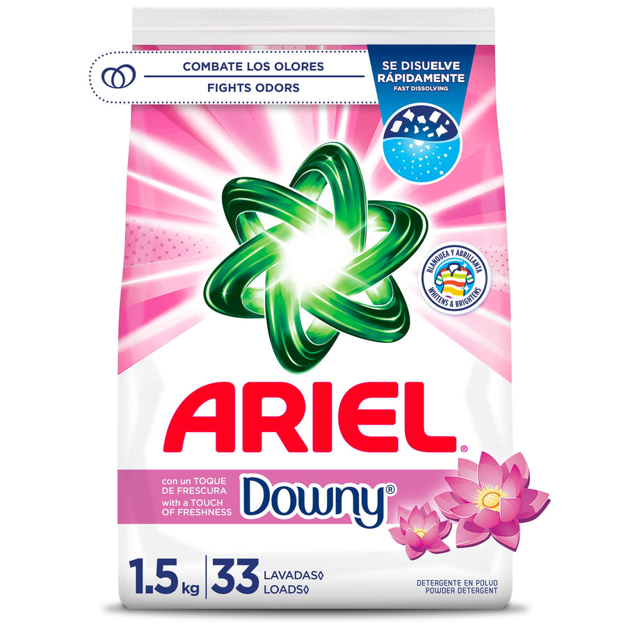 Front-facing Ariel powder detergent bag branded with Downy, pink background and lotus flower graphic.