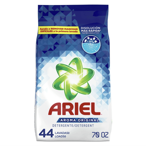 Front pouch of Ariel powder detergent with green swirl logo, blue geometric top and 'Ariel' branding