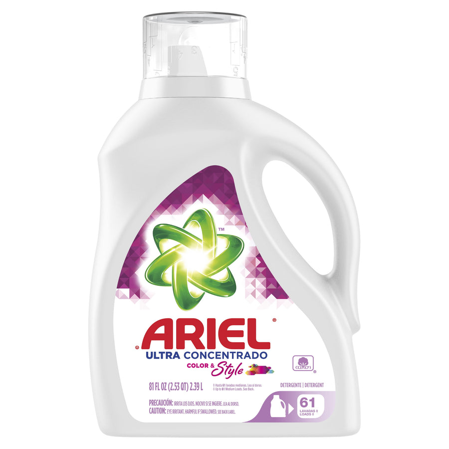 White Ariel Ultra Concentrado laundry detergent bottle with purple label and green swirl logo, front view on white background.