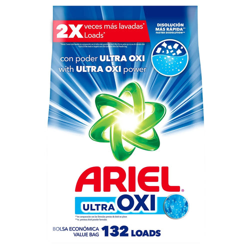 Front of an Ariel Ultra Oxi powder laundry detergent bag with logo, green swirl emblem and '132 loads' callout