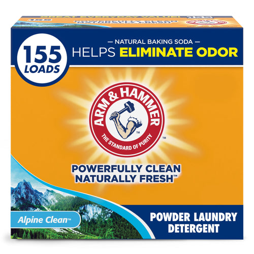 Front-facing Arm & Hammer Alpine Clean powder laundry detergent box with brand crest and mountain graphic