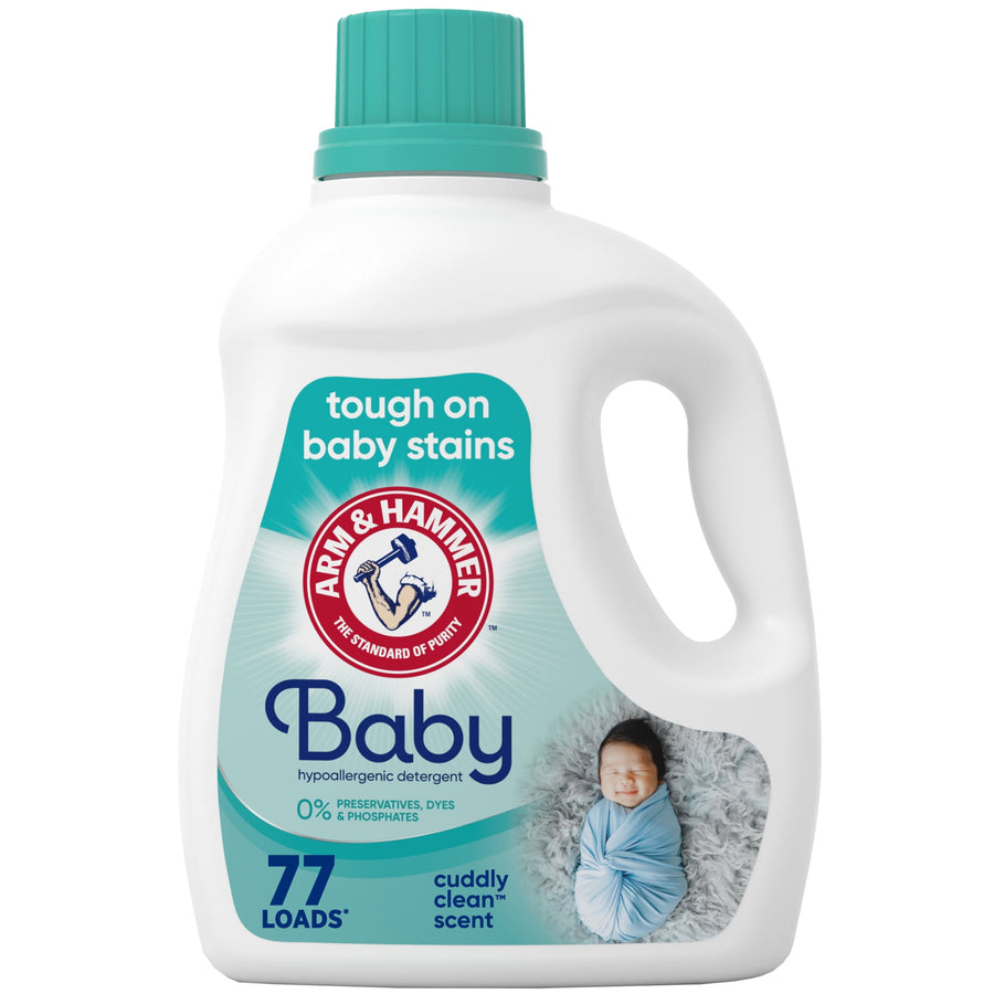 Front view of an Arm & Hammer Baby liquid detergent bottle with teal cap and baby image on label.