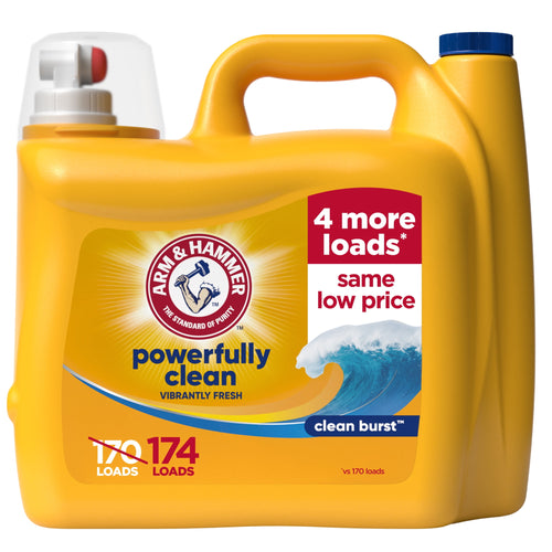 Yellow Arm & Hammer laundry detergent jug with handle and Clean Burst label showing wave graphic and load count