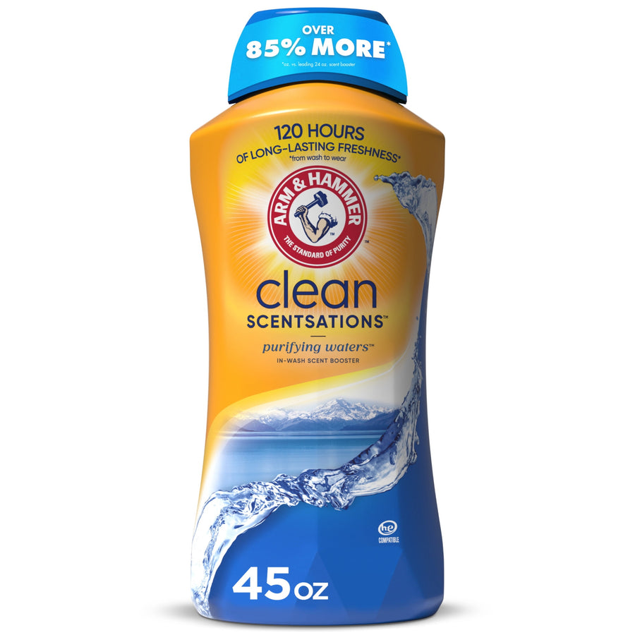 Single Arm & Hammer Clean Scentsations purifying waters in-wash scent booster bottle, front label showing 45 oz and brand logo