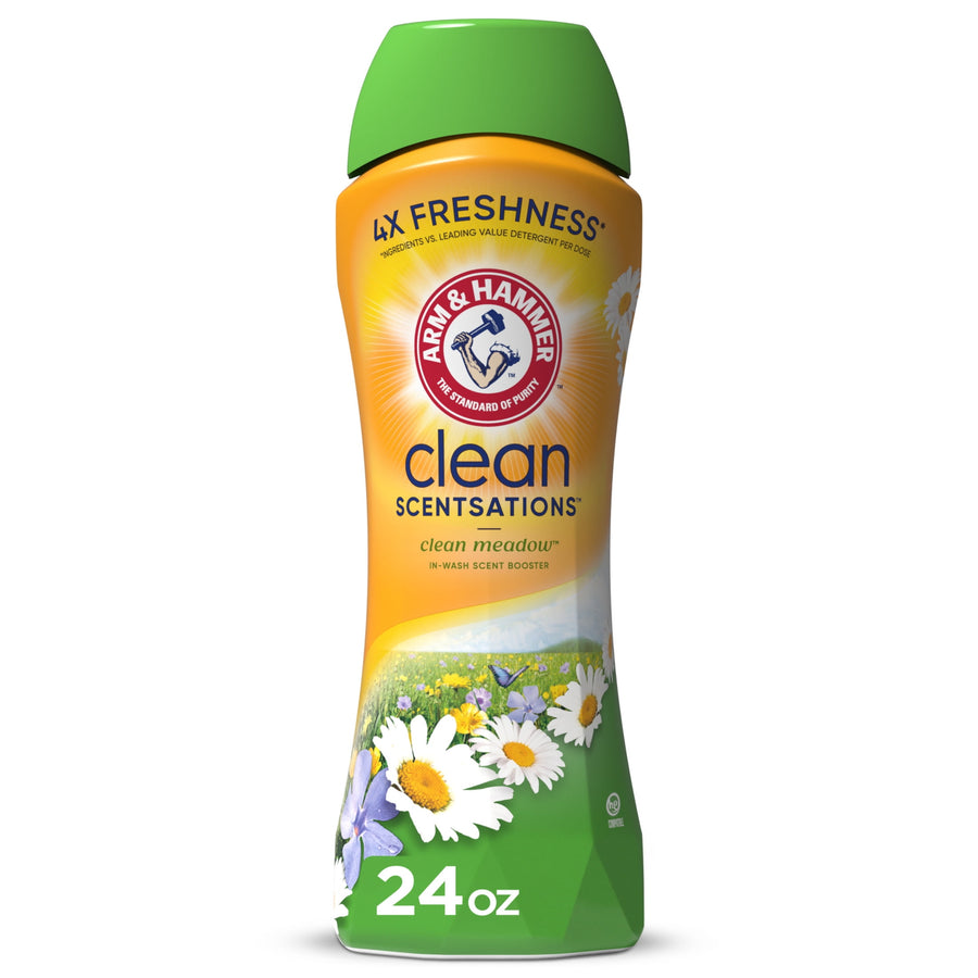 Tall yellow-green Arm & Hammer Clean Scentsations bottle labeled Clean Meadow with daisy artwork and 24 oz marking.