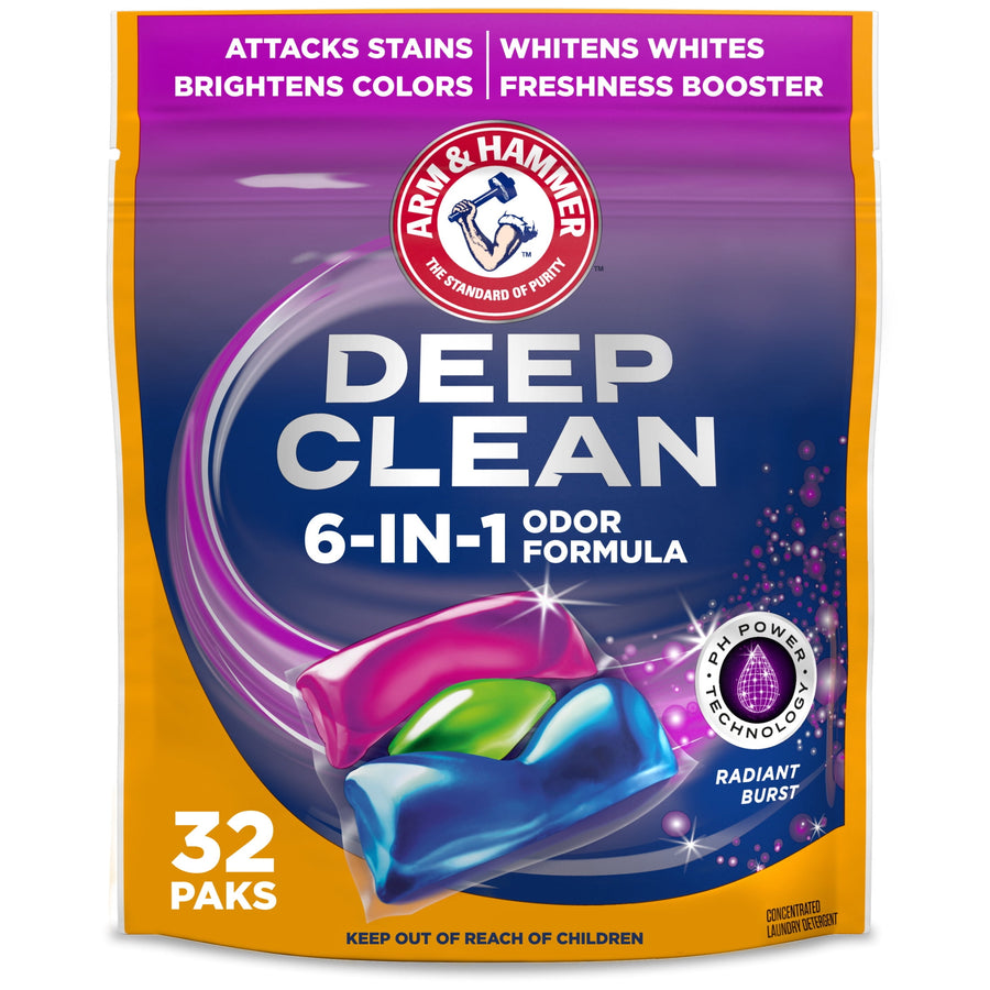 Front-facing pouch of ARM & HAMMER Deep Clean 6-in-1 odor formula Power Paks with colorful pod graphic