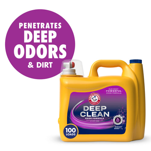 Yellow ARM & HAMMER Deep Clean liquid detergent jug with purple label and large purple callout reading “PENETRATES DEEP ODORS & DIRT.”