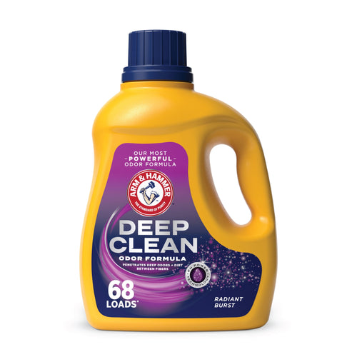 Single yellow ARM & HAMMER Deep Clean liquid detergent bottle with purple label and navy cap on white background