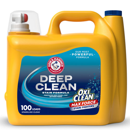 Yellow ARM & HAMMER Deep Clean liquid detergent jug with blue label and OxiClean Max Force badge on a white background