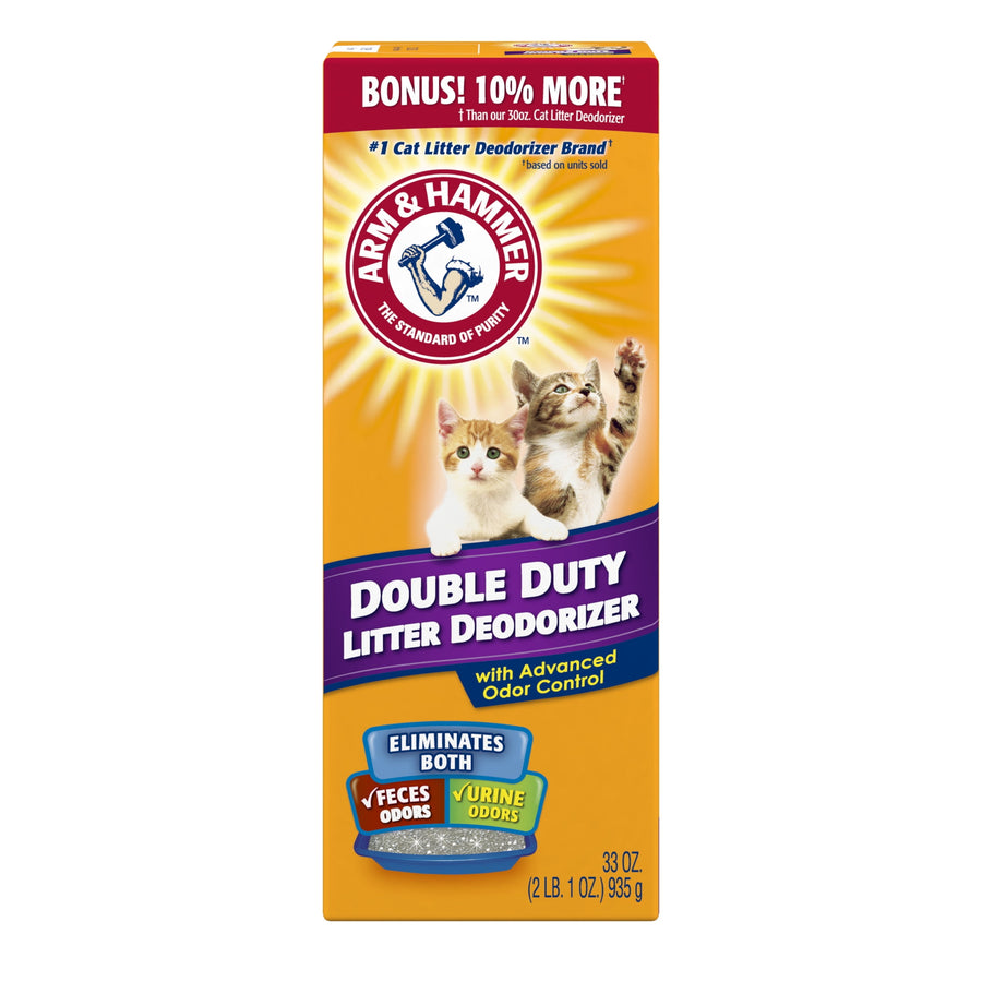 Tall yellow ARM & HAMMER Double Duty Litter Deodorizer box with brand logo and kittens on the front