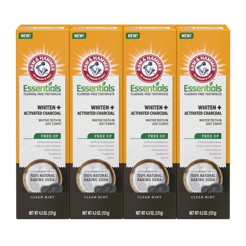 Four boxed Arm & Hammer Essentials fluoride-free toothpaste packages in a row, Clean Mint packaging visible