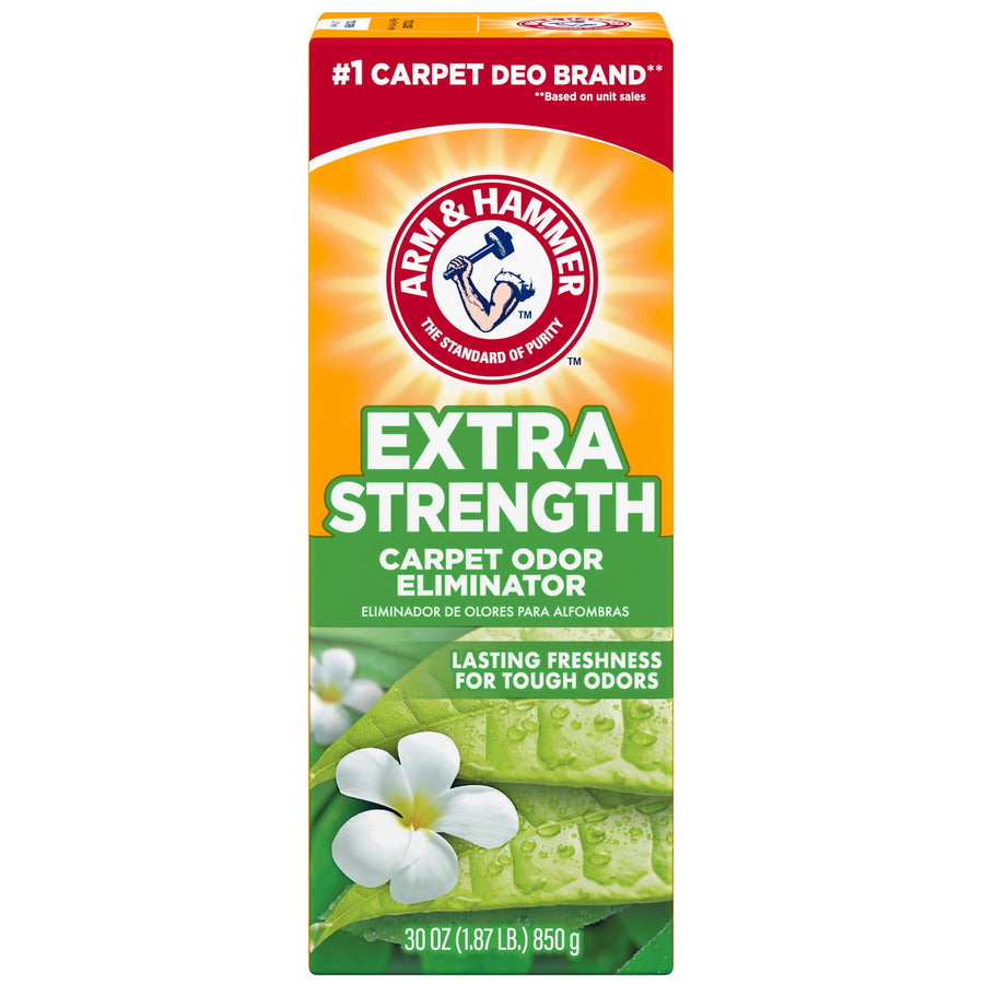 Arm & Hammer Extra Strength carpet odor eliminator box with floral and leaf graphic