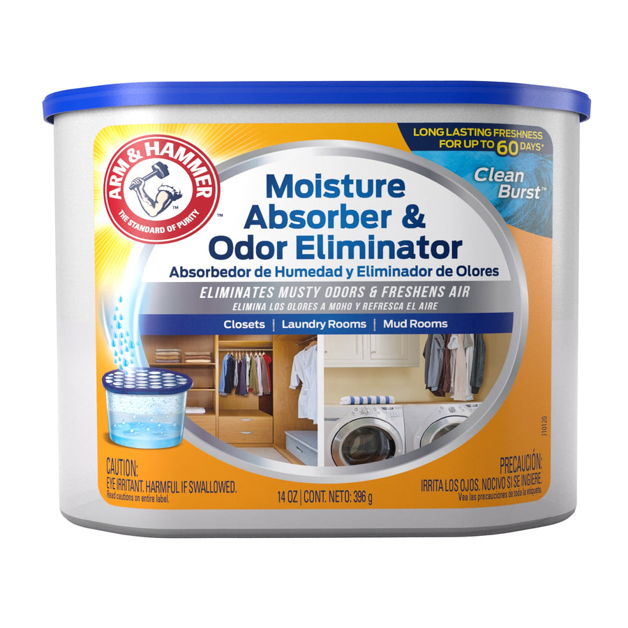 Arm & Hammer Moisture Absorber & Odor Eliminator tub with blue lid and product label showing closet and laundry room scenes