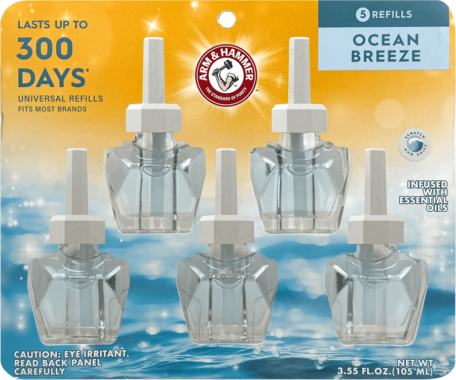 Packaged Arm & Hammer plug-in scented oil refills with five clear refill bottles on ocean-themed backing card.