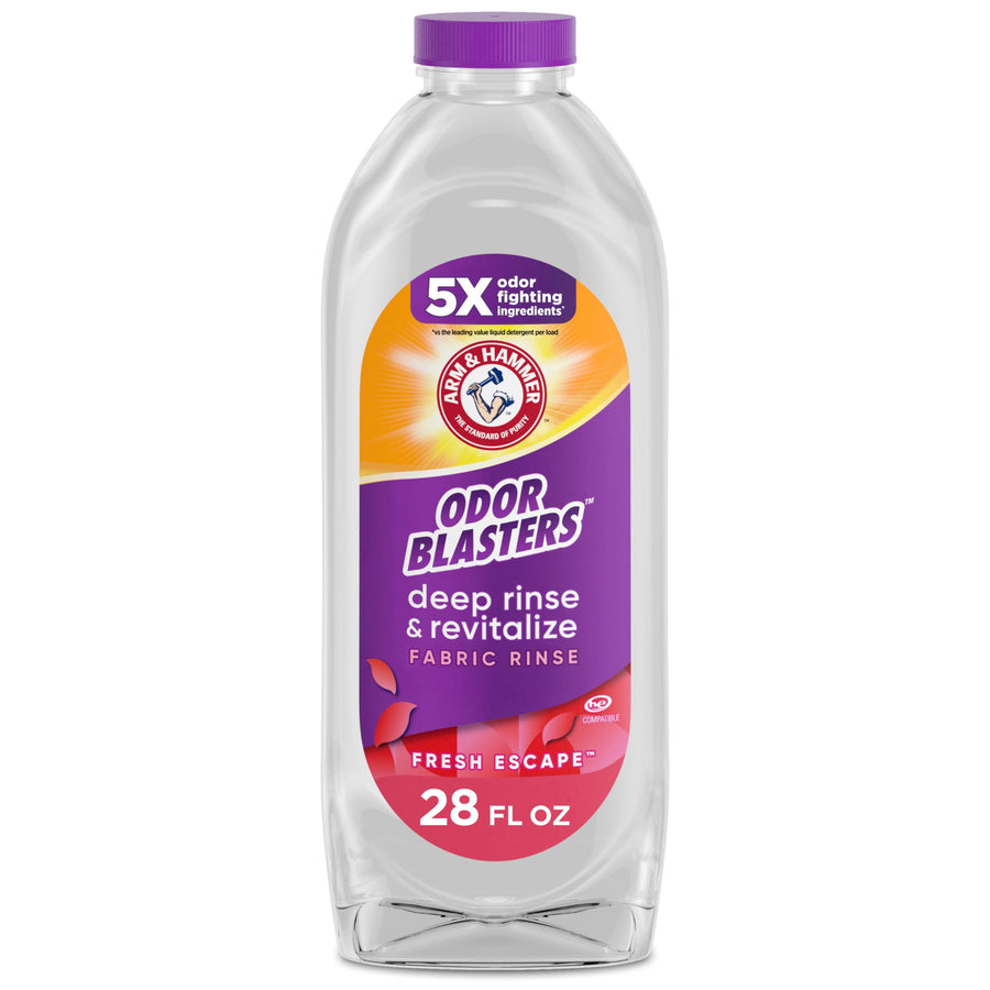 Clear plastic bottle of ARM & HAMMER Odor Blasters deep rinse & revitalize fabric rinse with purple label and cap