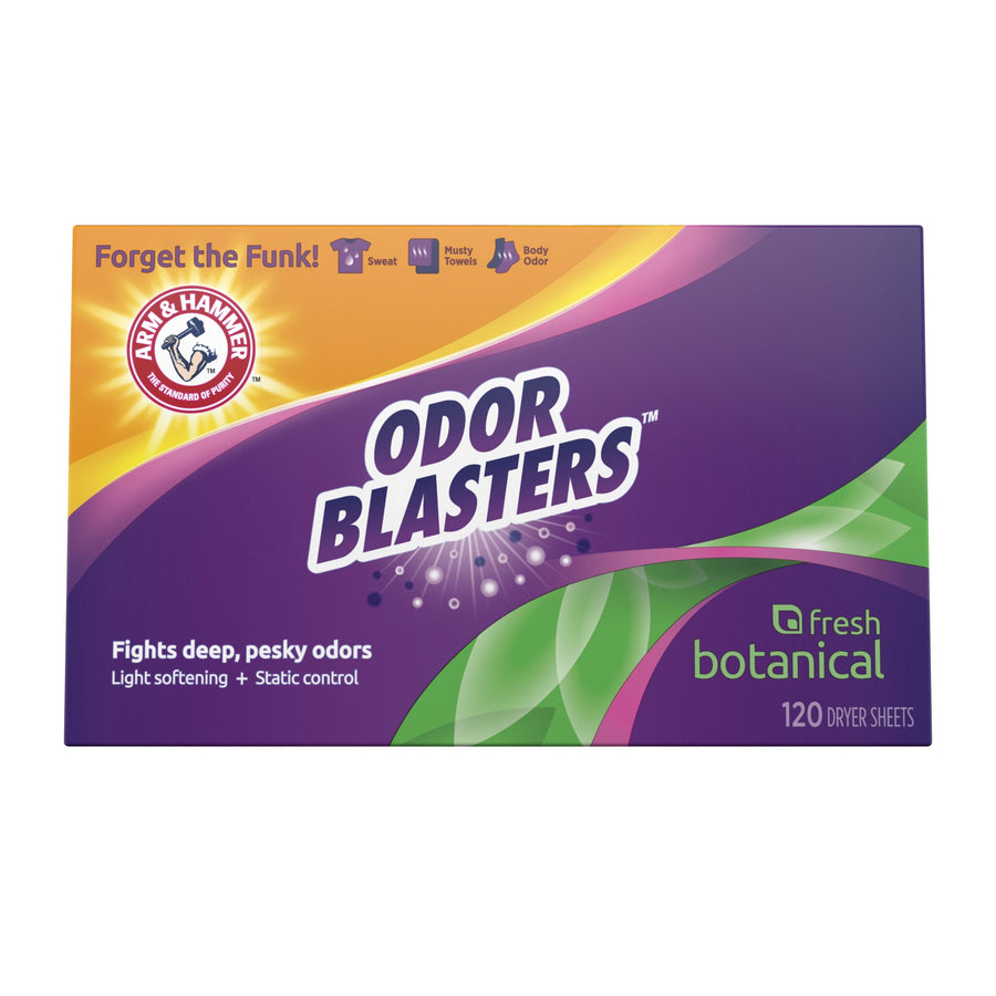 Front-facing box of Arm & Hammer Odor Blasters dryer sheets in Fresh Botanical scent with purple and green branding.