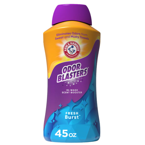 Arm & Hammer Odor Blasters Fresh Burst in-wash scent booster bottle with purple cap on white background