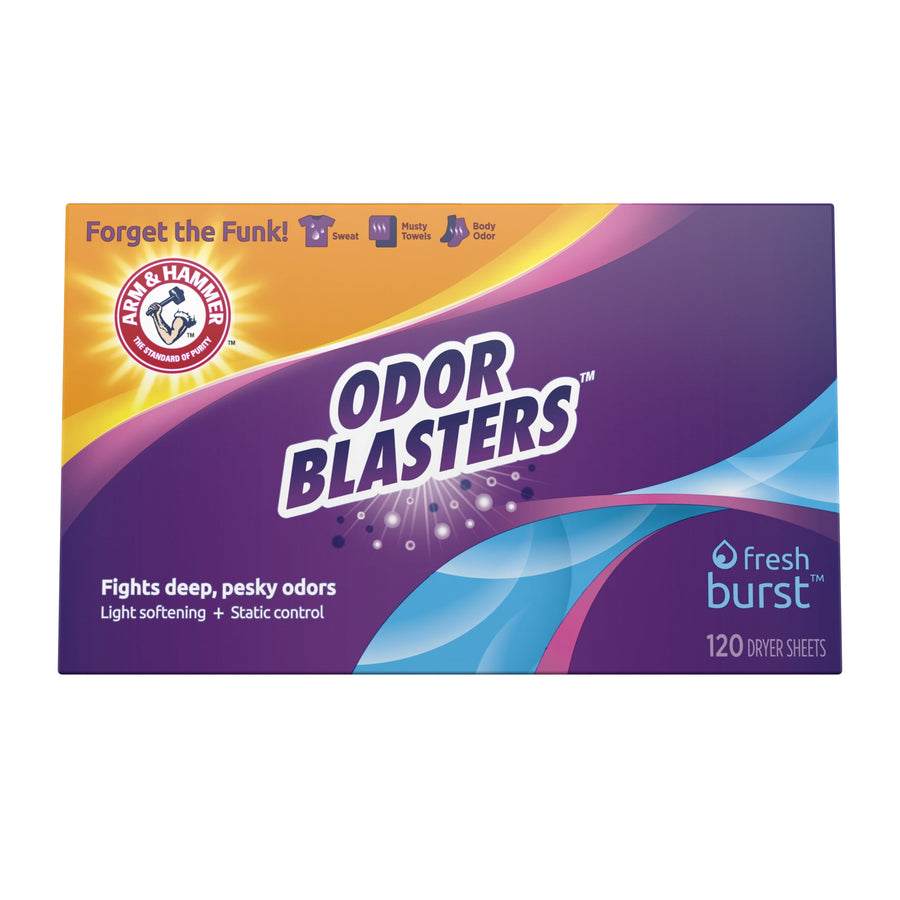 Front-facing Arm & Hammer Odor Blasters box in purple and orange packaging labeled Fresh Burst with 120 dryer sheets.