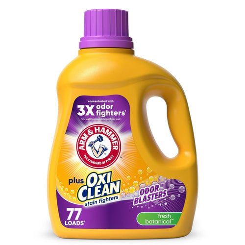 Yellow ARM & HAMMER plus OXI CLEAN liquid detergent bottle with purple cap and fresh botanical label on white background