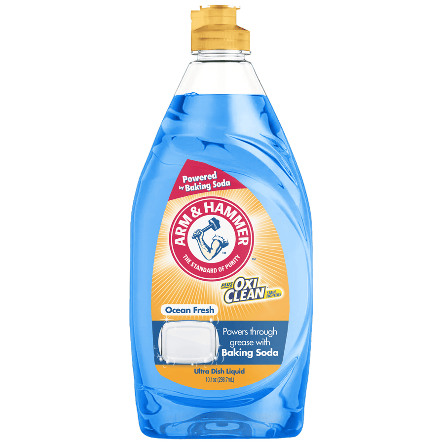 Clear blue Arm & Hammer + OxiClean Ocean Fresh dish soap bottle with yellow cap and visible front label.