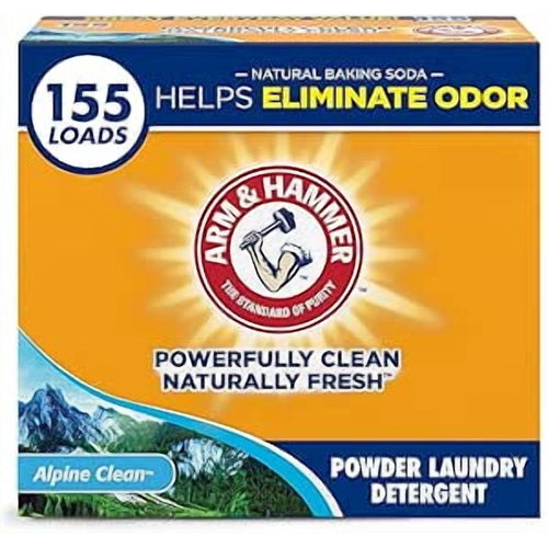 Front-facing Arm & Hammer powder laundry detergent box in yellow-orange with Alpine Clean graphics