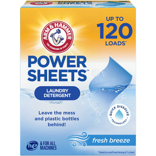 Front-facing box of ARM & HAMMER Power Sheets laundry detergent in fresh breeze packaging with branding and 'Up to 120 loads' callout.