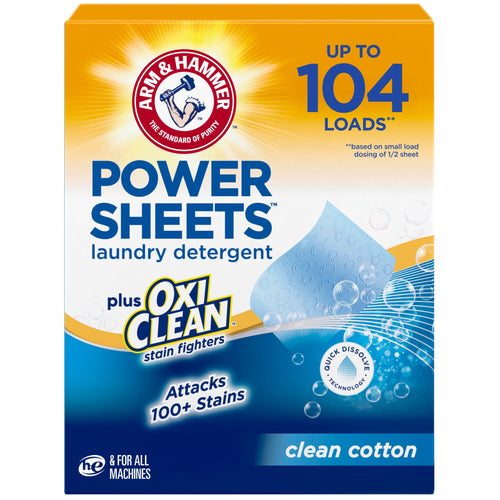 Front-facing ARM & HAMMER Power Sheets box with OxiClean logo and 'clean cotton' scent label