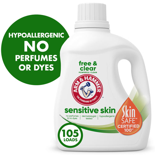 White ARM & HAMMER Sensitive Skin liquid detergent bottle with SkinSAFE badge and green “105 loads” circle on white background