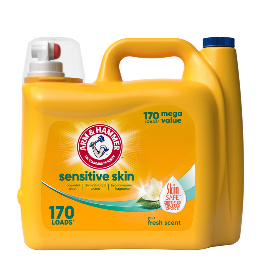 Yellow Arm & Hammer Sensitive Skin laundry detergent jug with handle and label showing Skin Safe badge and 170 loads claim