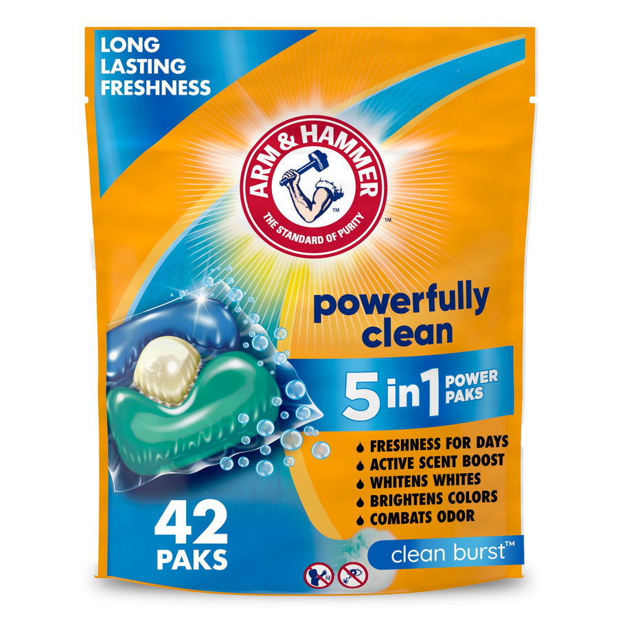 Front-facing Arm & Hammer Clean Burst 5-in-1 Power Paks pouch with logo and 42 paks callout
