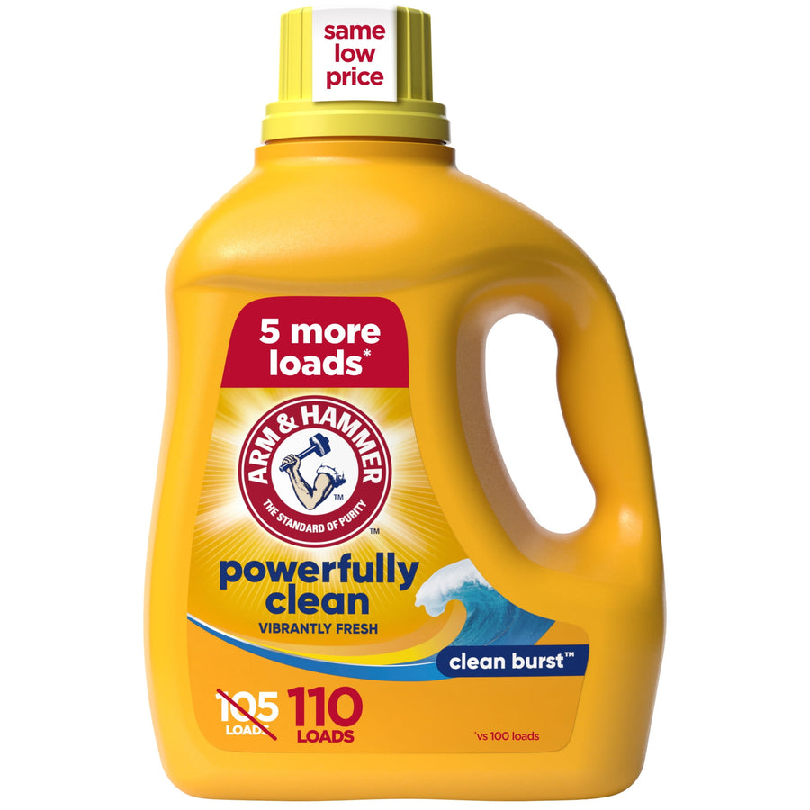 Yellow ARM & HAMMER Clean Burst liquid detergent bottle with handle and label showing 110 loads branding