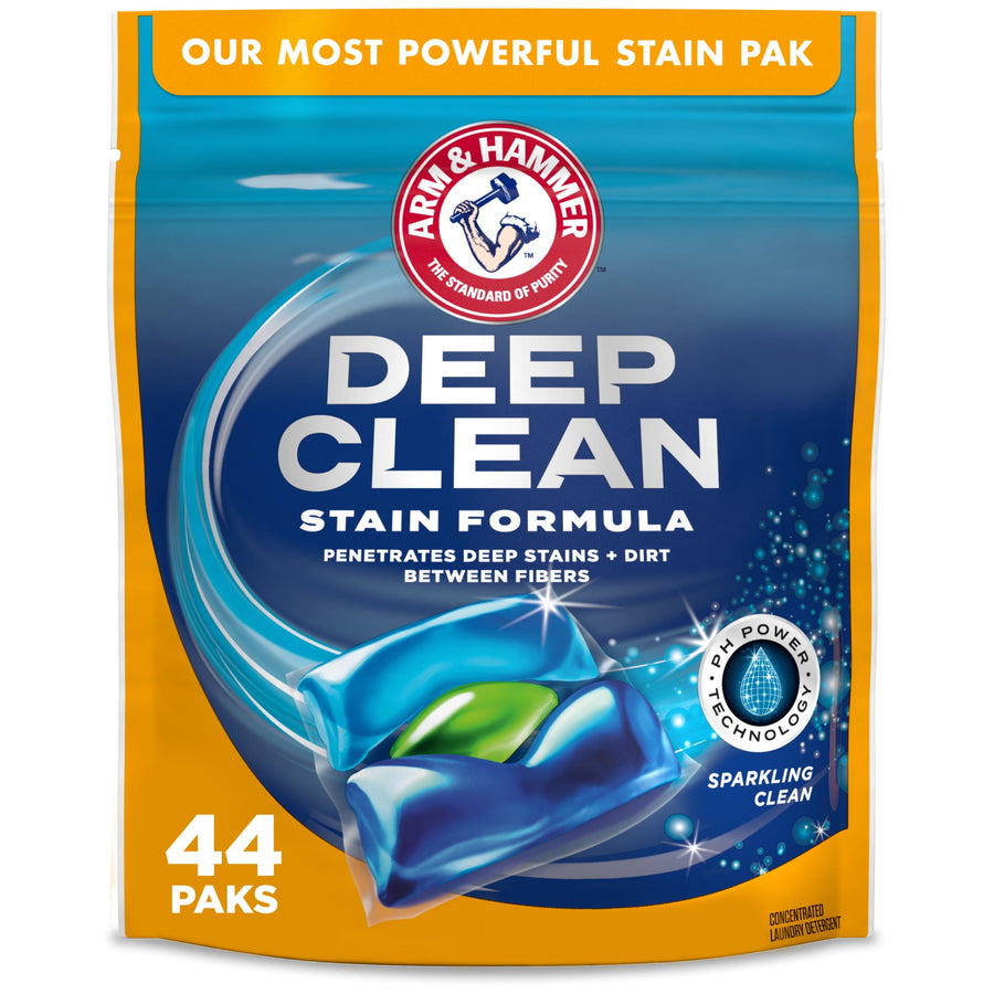 Arm & Hammer Deep Clean stain formula pouch with blue-green detergent pak graphic and '44 PAKS' label
