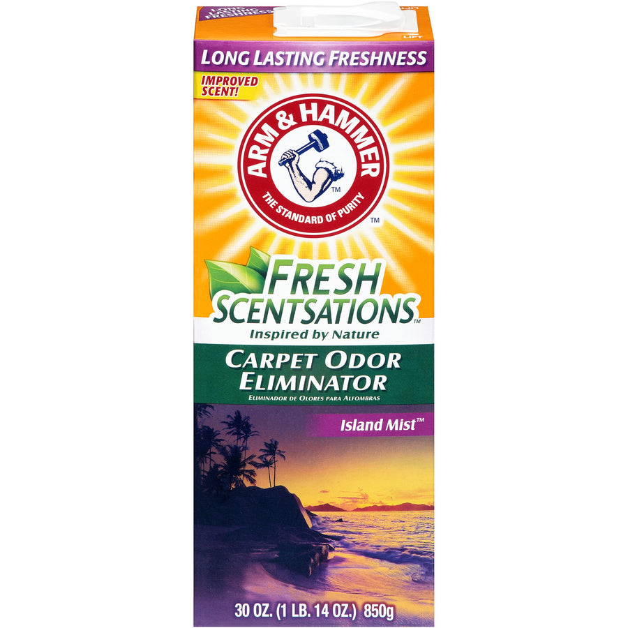 Front-facing ARM & HAMMER Fresh Scentsations box showing logo, 'Carpet Odor Eliminator' and island sunset artwork.