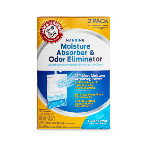 Front-facing product box showing Arm & Hammer hanging Moisture Absorber & Odor Eliminator packaging with blue and yellow graphics.