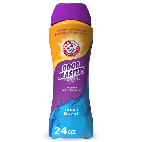 Tall purple-and-blue Arm & Hammer Odor Blasters bottle labeled Fresh Burst in-wash scent booster on white background
