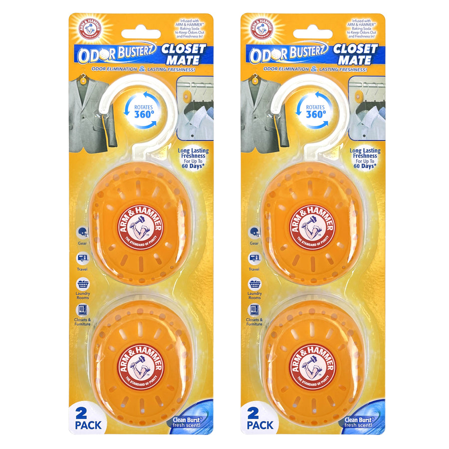 Two Arm & Hammer Odor Buster Closet Mate blister packs each showing two orange hangable deodorizers on yellow packaging