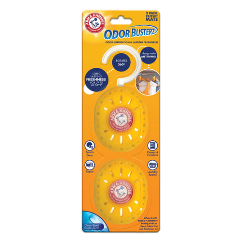Arm & Hammer Odor Busterz packaged 2-pack on bright orange blister card showing two yellow circular hanging odor absorbers
