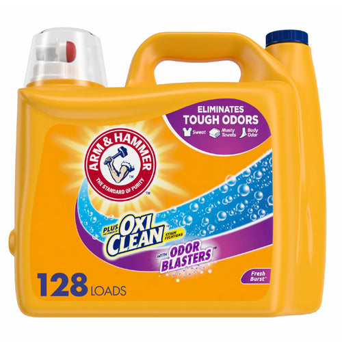 Front-facing yellow ARM & HAMMER liquid detergent jug with OxiClean Odor Blasters label and 128 loads callout