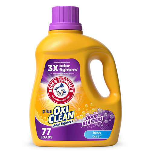 Yellow Arm & Hammer plus OxiClean Odor Blasters liquid detergent bottle with purple cap and label