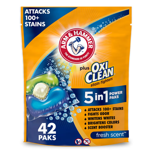 Arm & Hammer plus OxiClean orange resealable pouch showing three-color detergent pak graphic and product claims
