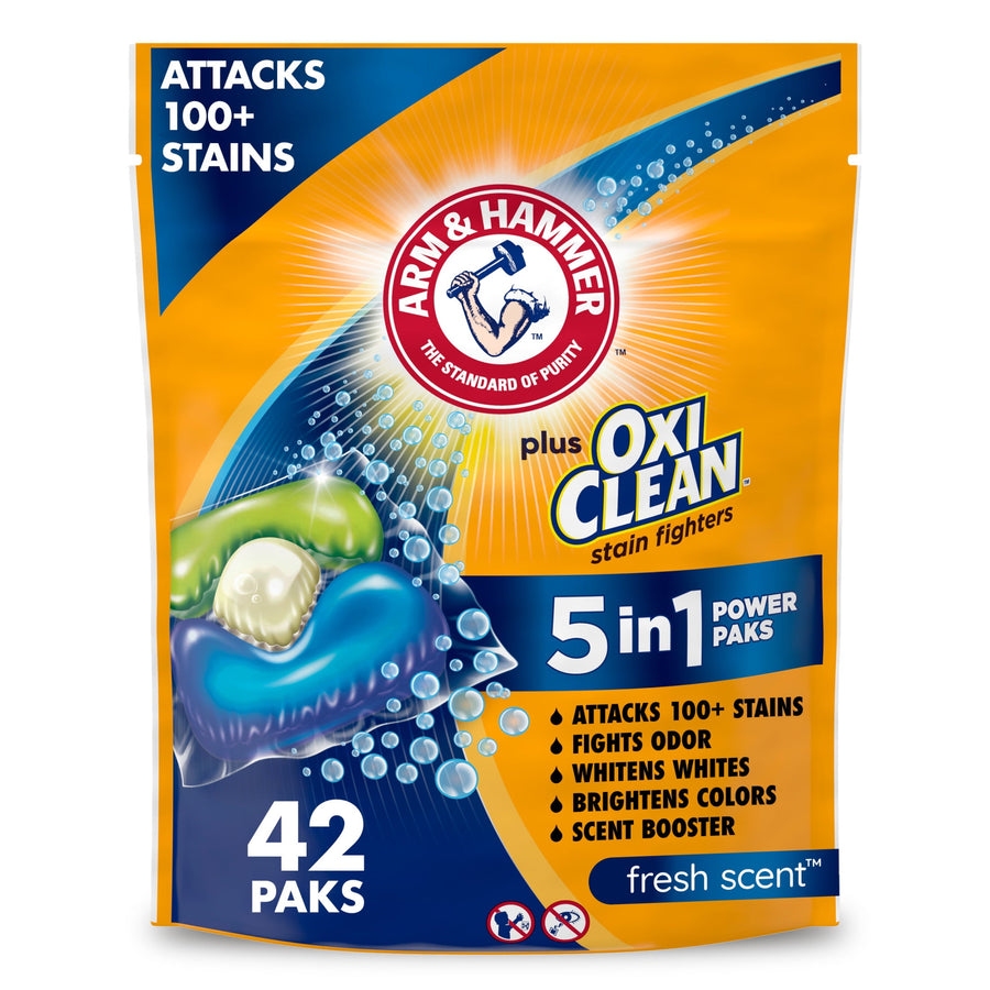 Arm & Hammer plus OxiClean orange resealable pouch showing three-color detergent pak graphic and product claims
