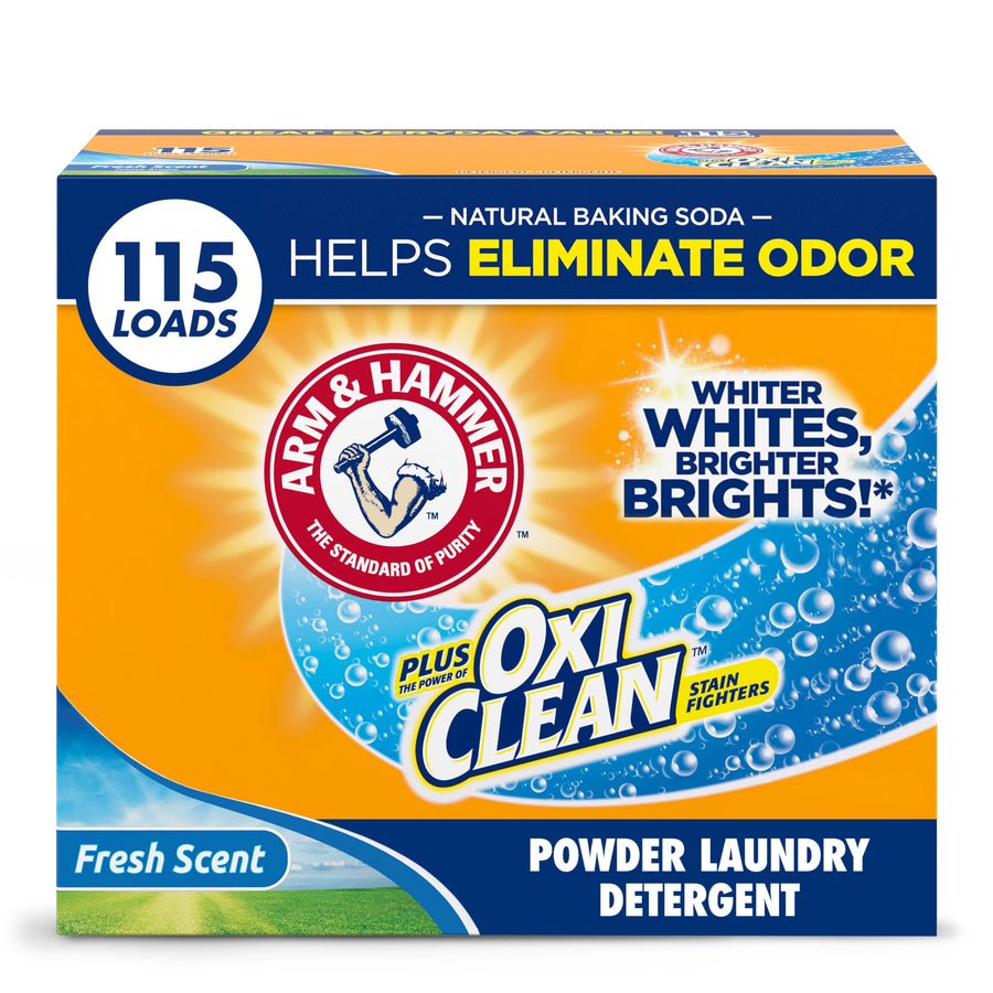 Front-facing box of ARM & HAMMER Plus OxiClean powdered laundry detergent with 115 loads badge