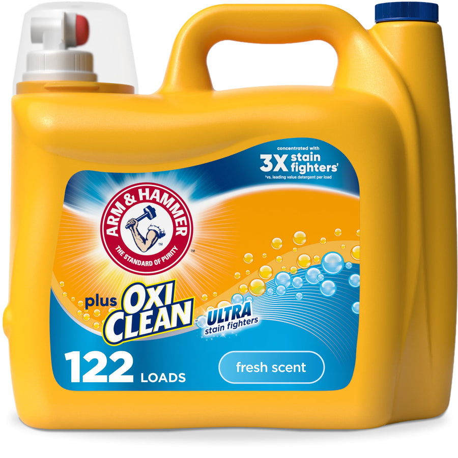 Yellow ARM & HAMMER plus OxiClean liquid laundry detergent jug with handle and blue label reading 122 loads, fresh scent