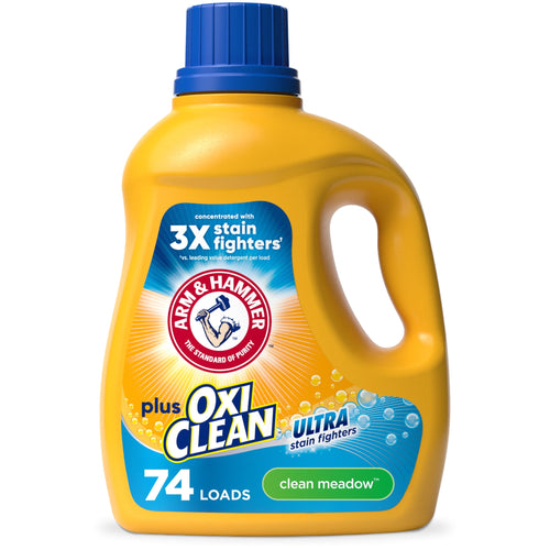 arm & hammer plus oxi clean ultra stain fighters liquid laundry detergent in clean meadow scent, yellow jug with blue cap showing 74 loads