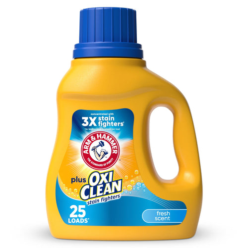 Yellow Arm & Hammer plus OxiClean laundry detergent bottle with blue cap and label reading 25 loads, fresh scent