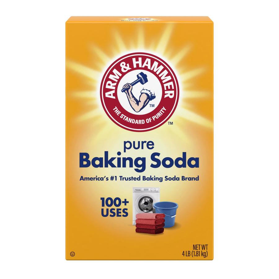 Front view of an Arm & Hammer pure Baking Soda yellow box with logo and 100+ uses graphic