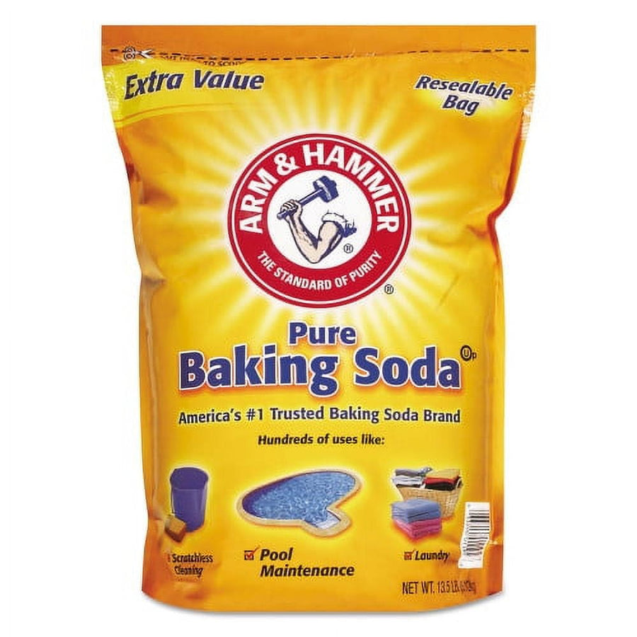 Yellow Arm & Hammer resealable bag labeled Pure Baking Soda with brand logo and usage icons