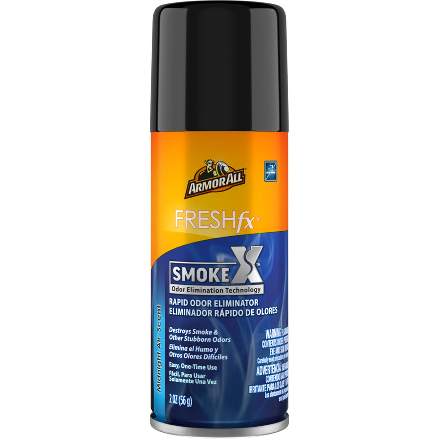 Tall aerosol can of Armor All FRESHfx Smoke X rapid odor eliminator with orange and blue label and black cap