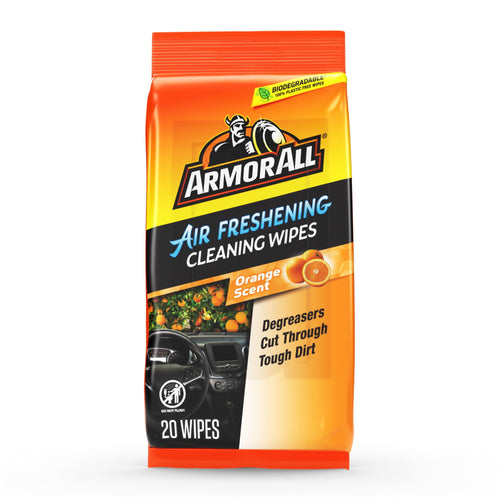 Armor All orange-scented air freshening cleaning wipes pack with branding and product claims on white background